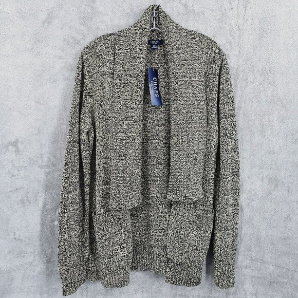 Chaps Cardigan XL Black Cream Marled Knit Long Sleeve Shawl Collar Pockets New - Picture 1 of 11